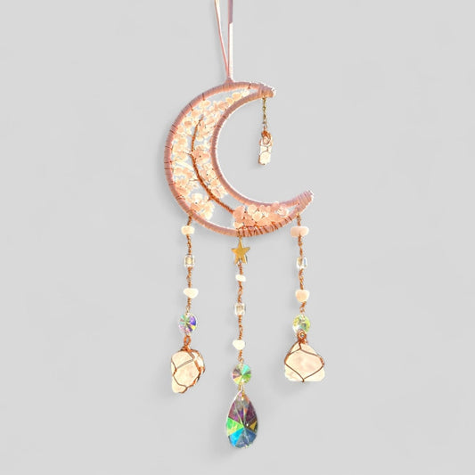 Pink Crescent Moon Dreamcatcher Suncatcher with Hanging Rose Quartz Charm -- Window Hanging or Wall Hanging-0
