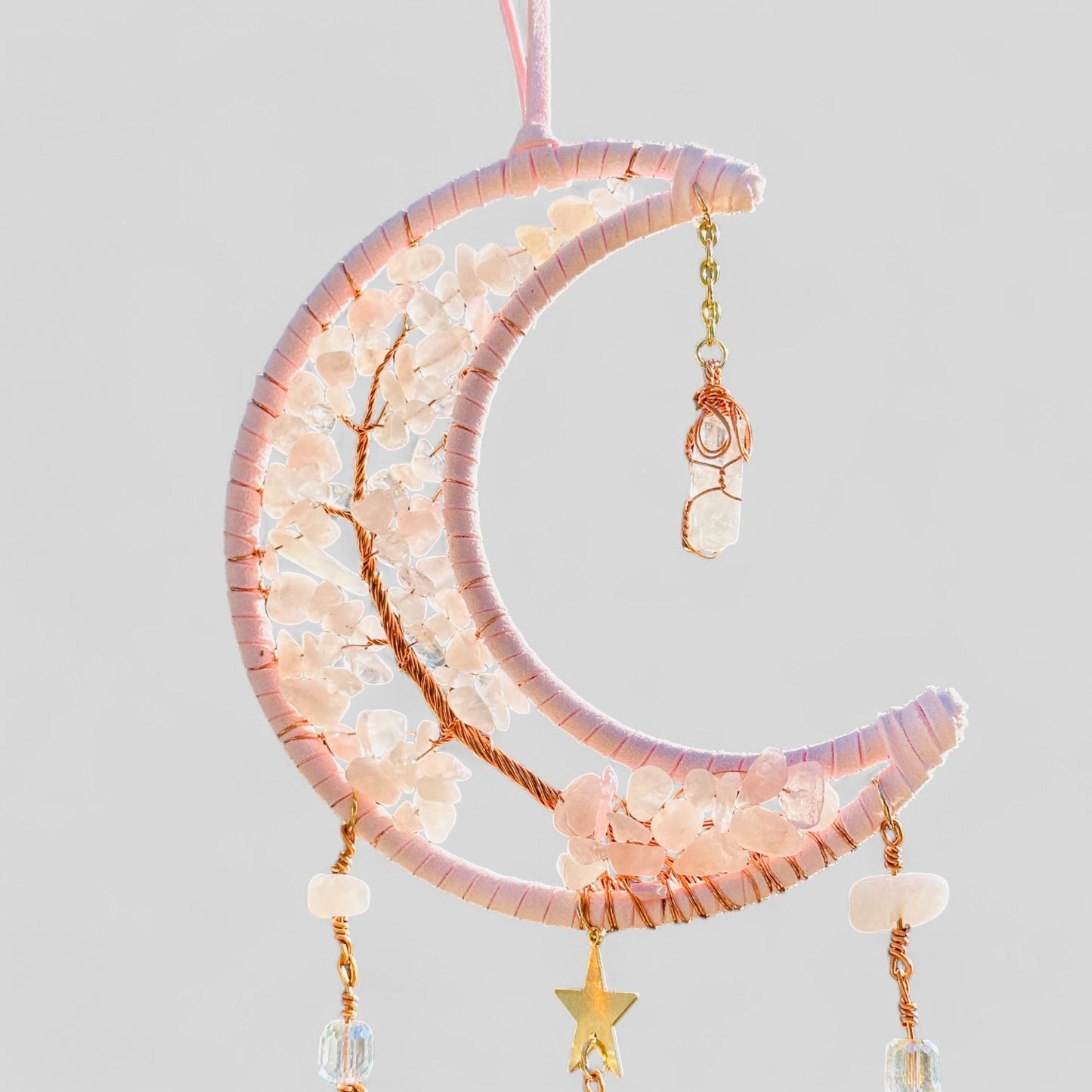 Pink Crescent Moon Dreamcatcher Suncatcher with Hanging Rose Quartz Charm -- Window Hanging or Wall Hanging-1