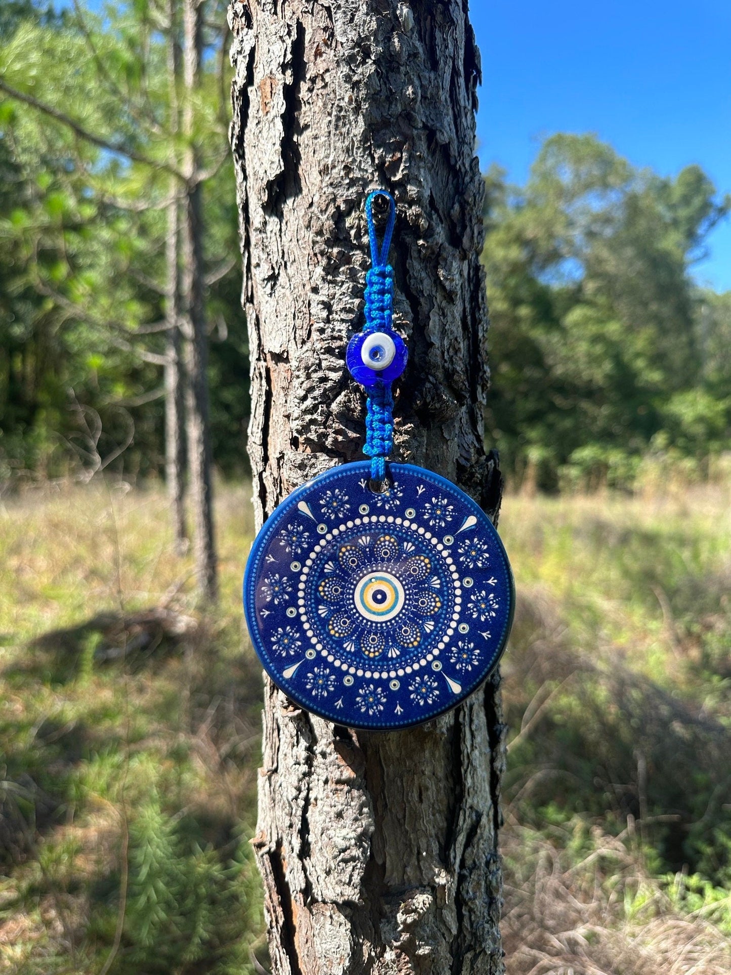 Wall Hanging Ceramic Evil Eye Nazar Boncuk Mal De Ojo, Modern Boho Style Home Decor -- Round Floral Mandala-1